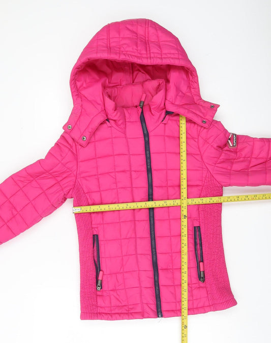 Superdry Womens Pink Puffer Jacket Small Hooded Quilted Zip Winter Coat