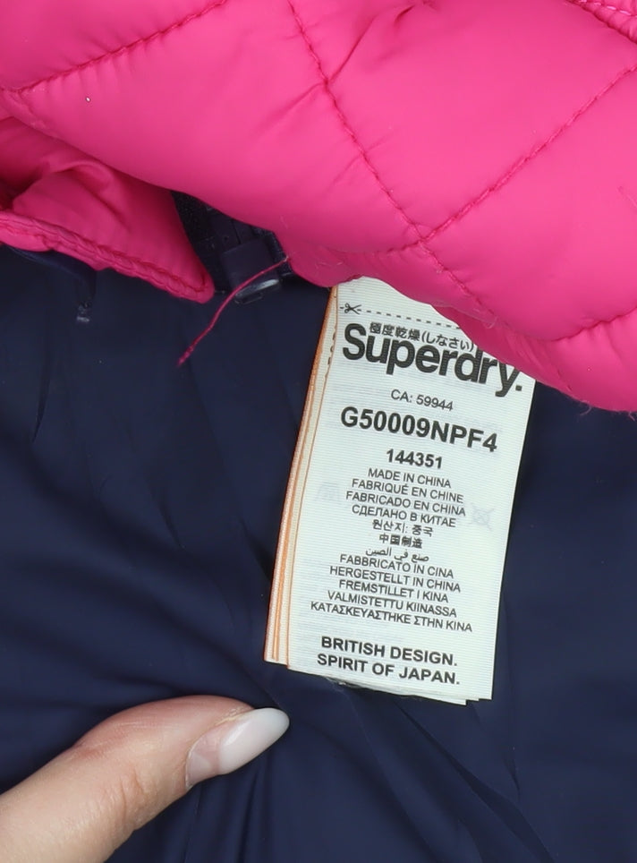 Superdry Womens Pink Puffer Jacket Small Hooded Quilted Zip Winter Coat