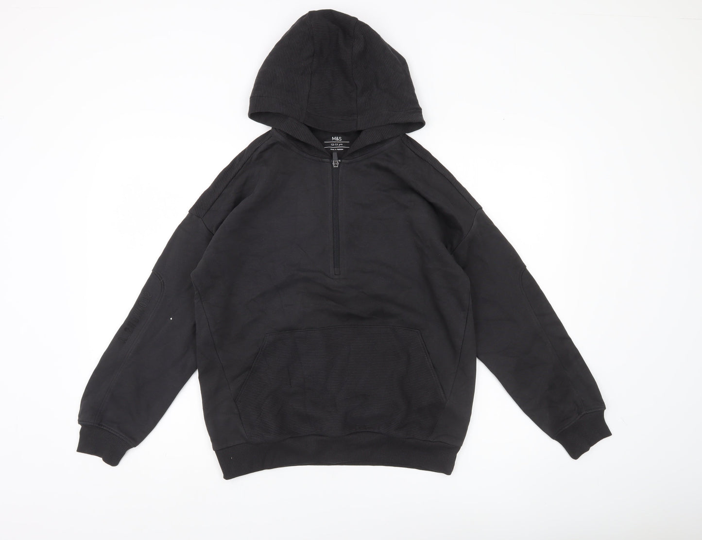 Marks and Spencer Boys Black Hoodie 12-13 Yrs Regular Fit Pullover
