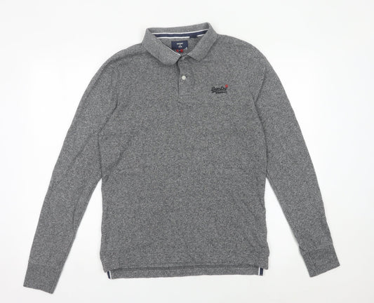 Superdry Men’s Grey Long Sleeve Polo Shirt Size L Cotton