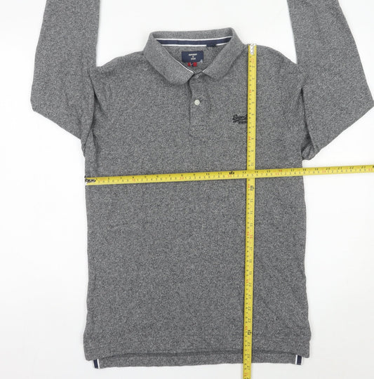 Superdry Men’s Grey Long Sleeve Polo Shirt Size L Cotton