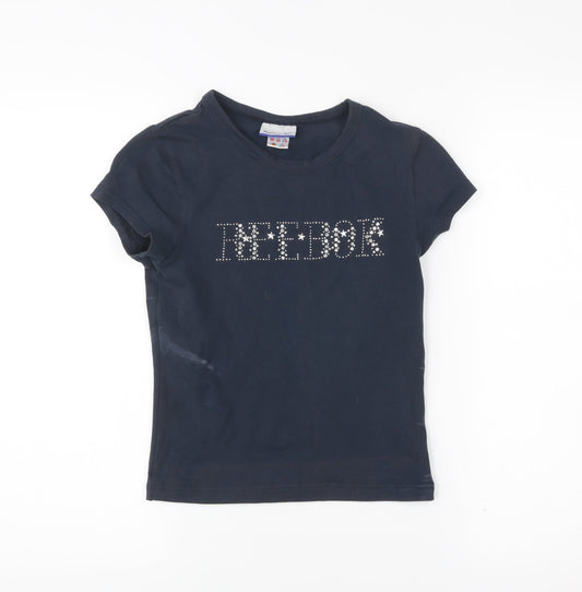 Reebok Womens Blue Slim Fit Rhinestone Logo T-Shirt Size 10