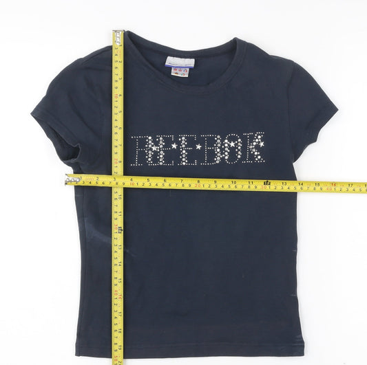 Reebok Womens Blue Slim Fit Rhinestone Logo T-Shirt Size 10