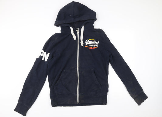 Superdry Mens Blue L Full Zip Hoodie Graphic Print Cotton Blend