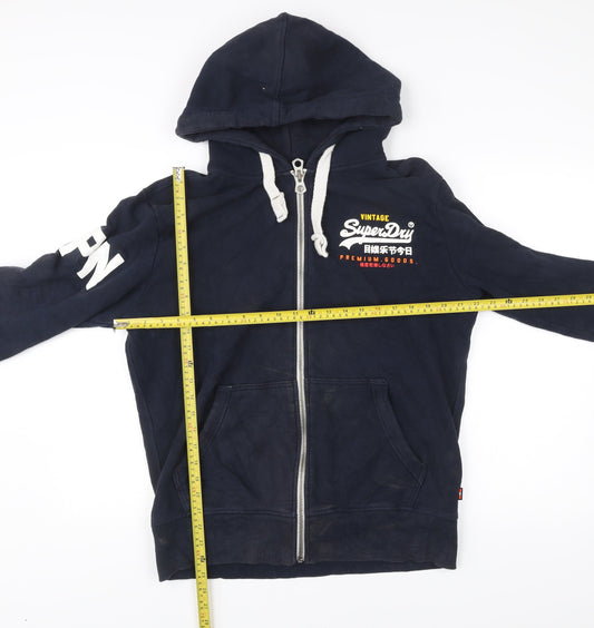 Superdry Mens Blue L Full Zip Hoodie Graphic Print Cotton Blend