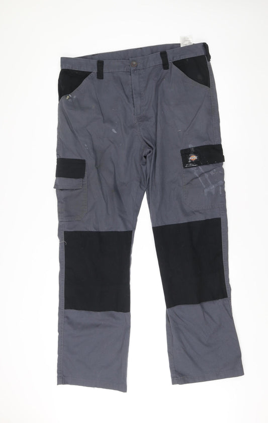 Dickies Mens Grey Cargo Work Trousers W36 L32 Polyester Cotton