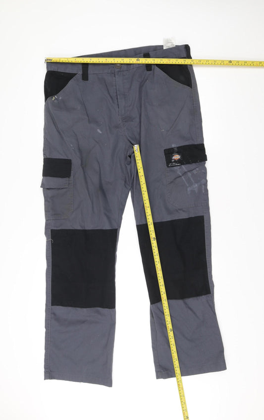 Dickies Mens Grey Cargo Work Trousers W36 L32 Polyester Cotton