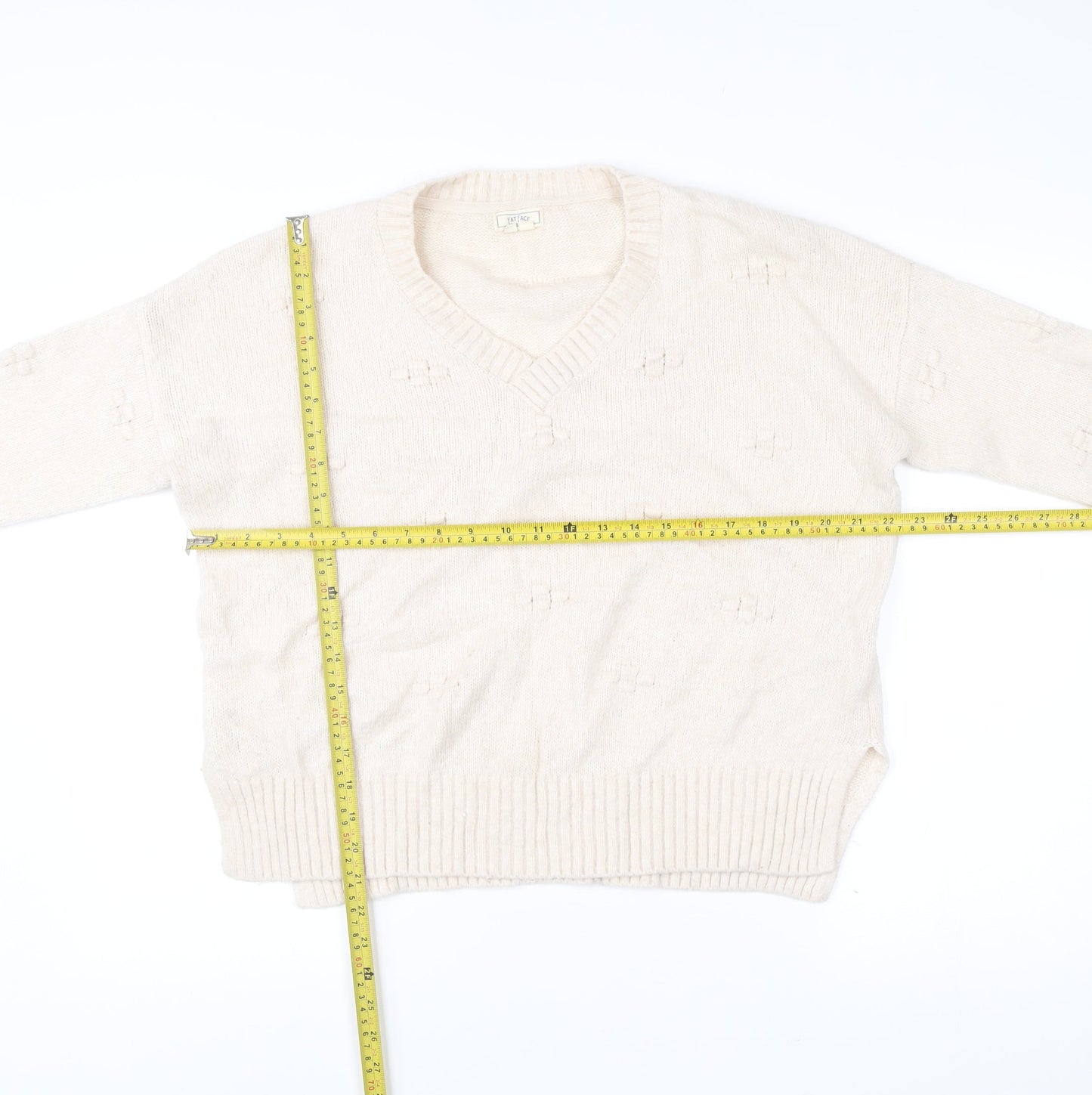 Fat Face Womens Beige Knit V-Neck Jumper Size 12 Long Sleeve Pullover