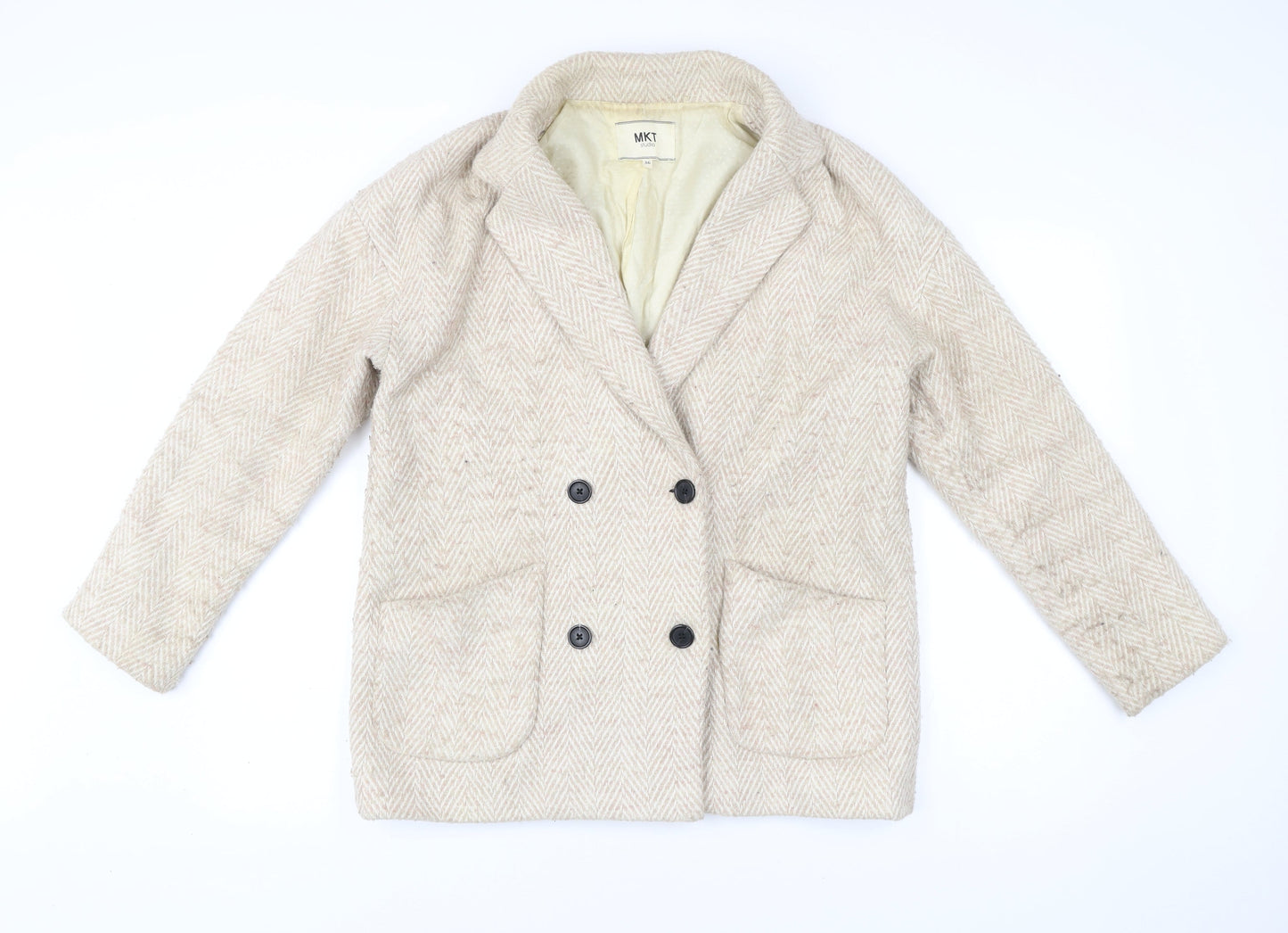 MKT Studio Unisex Beige Herringbone Blazer Jacket Wool Blend Size 36