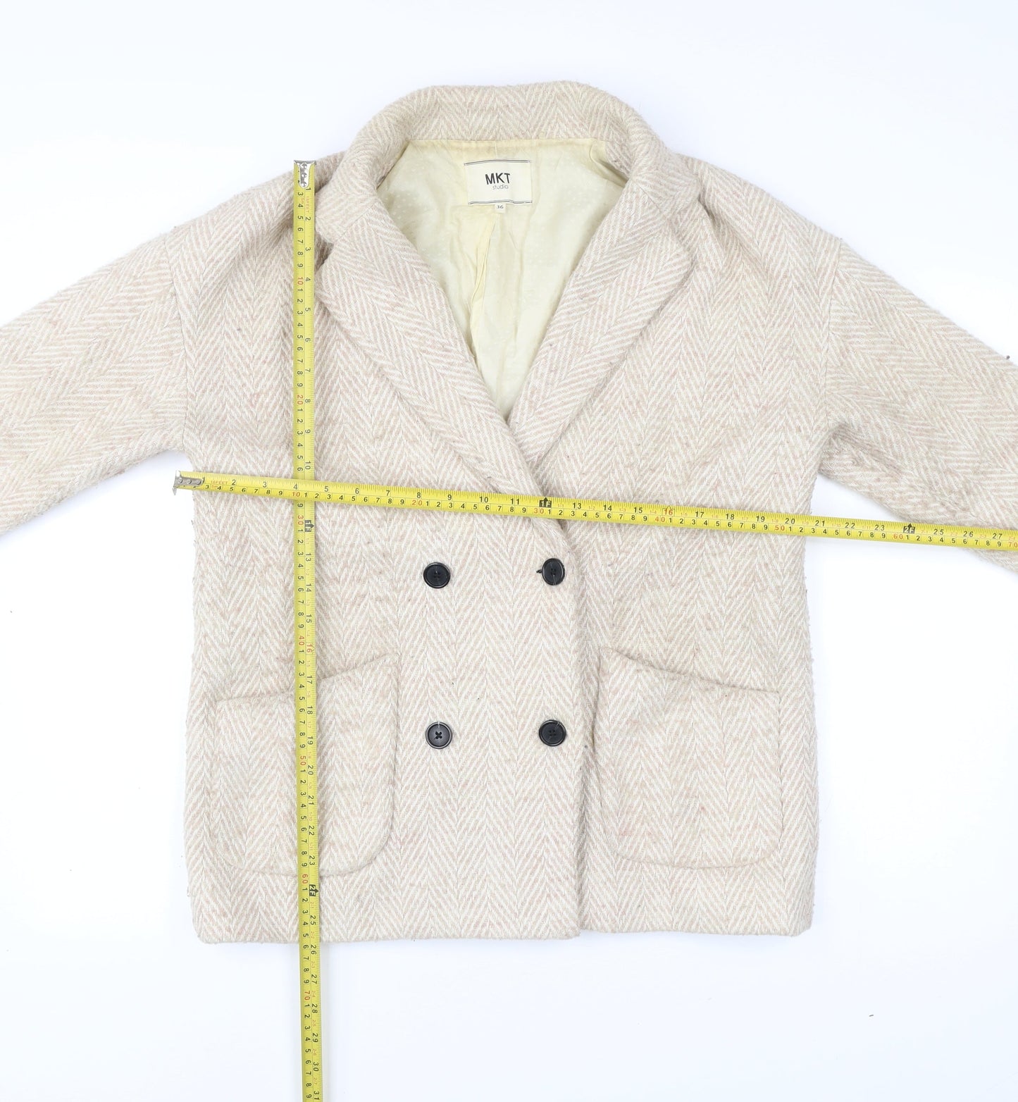 MKT Studio Unisex Beige Herringbone Blazer Jacket Wool Blend Size 36