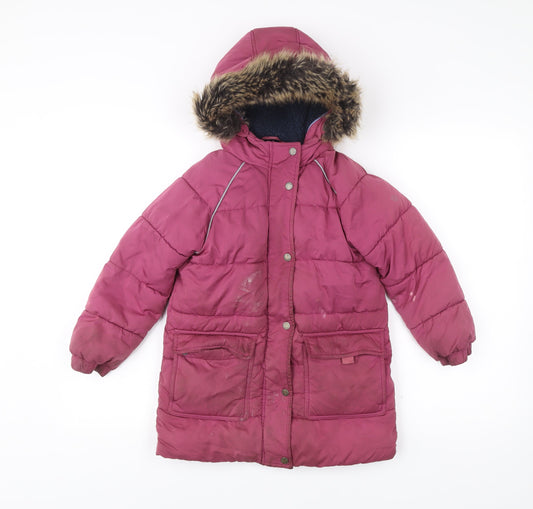 FatFace Girls Pink Puffer Coat 6-7 Years Hooded Faux Fur Trim Winter Jacket