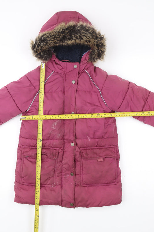 FatFace Girls Pink Puffer Coat 6-7 Years Hooded Faux Fur Trim Winter Jacket