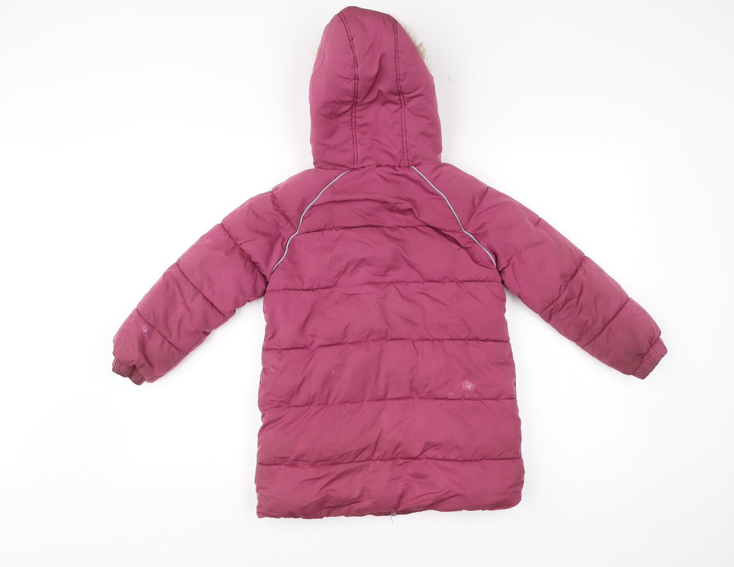 FatFace Girls Pink Puffer Coat 6-7 Years Hooded Faux Fur Trim Winter Jacket