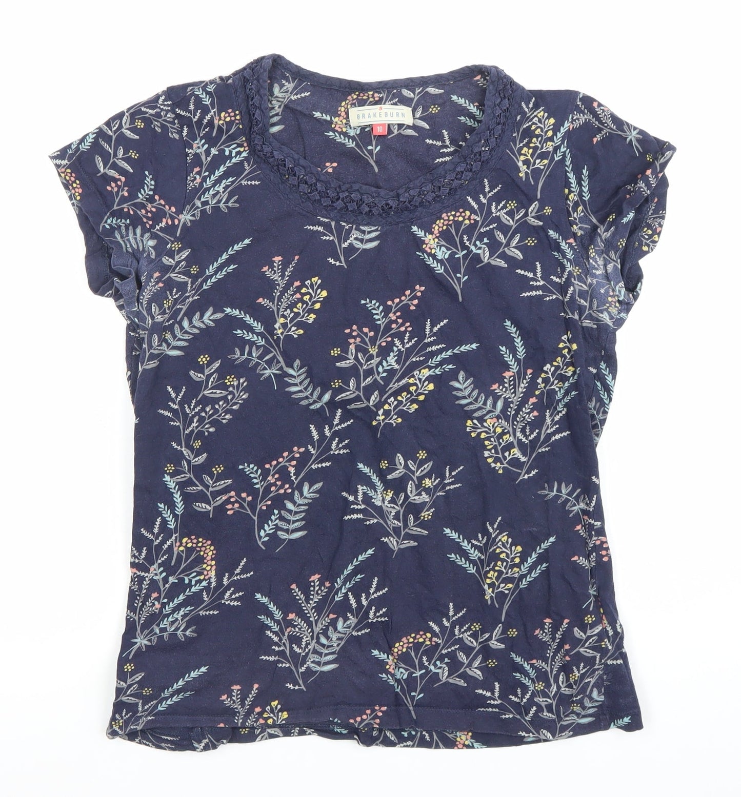 Brakeburn Womens Blue Floral Cotton Crochet Neck T-Shirt Size 10