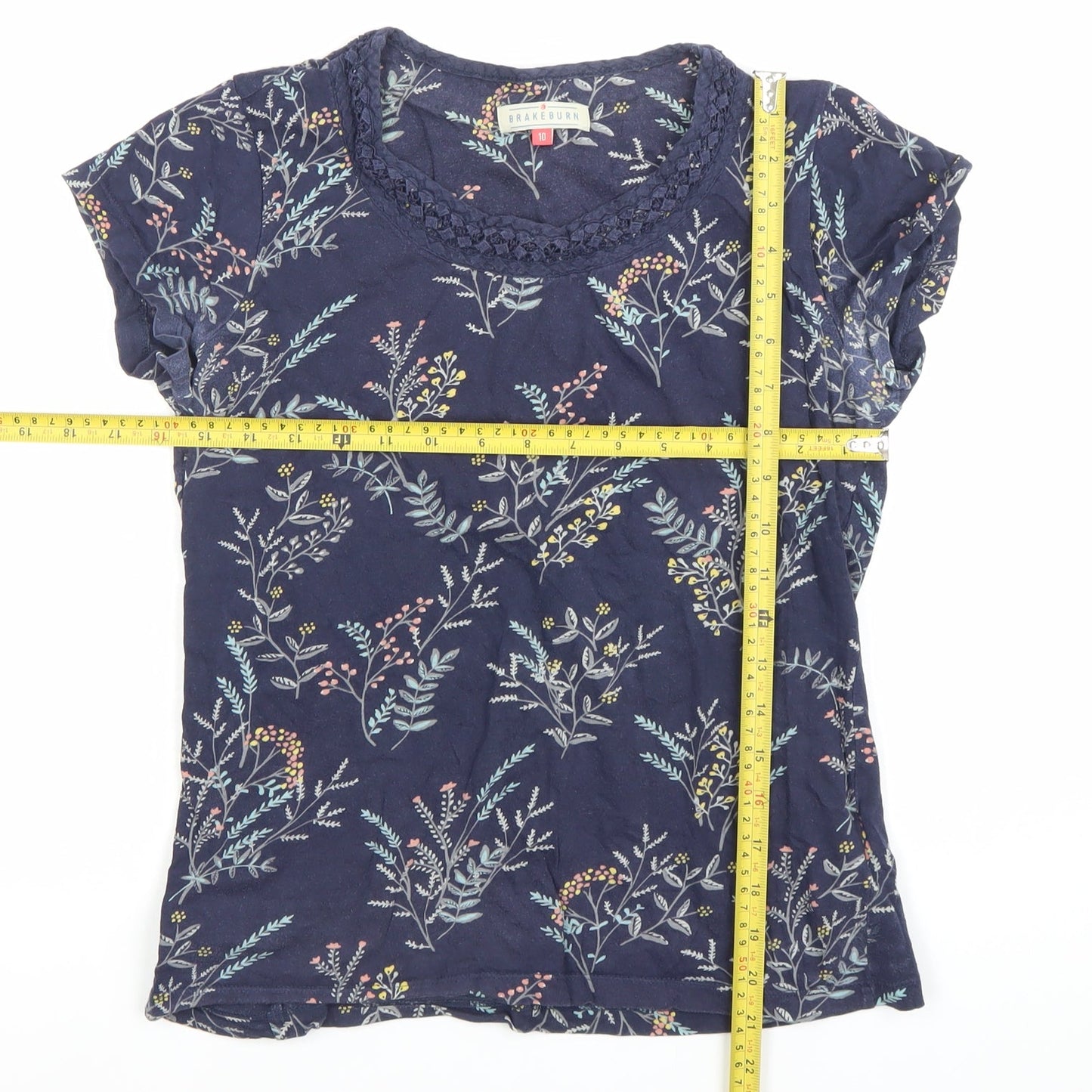 Brakeburn Womens Blue Floral Cotton Crochet Neck T-Shirt Size 10
