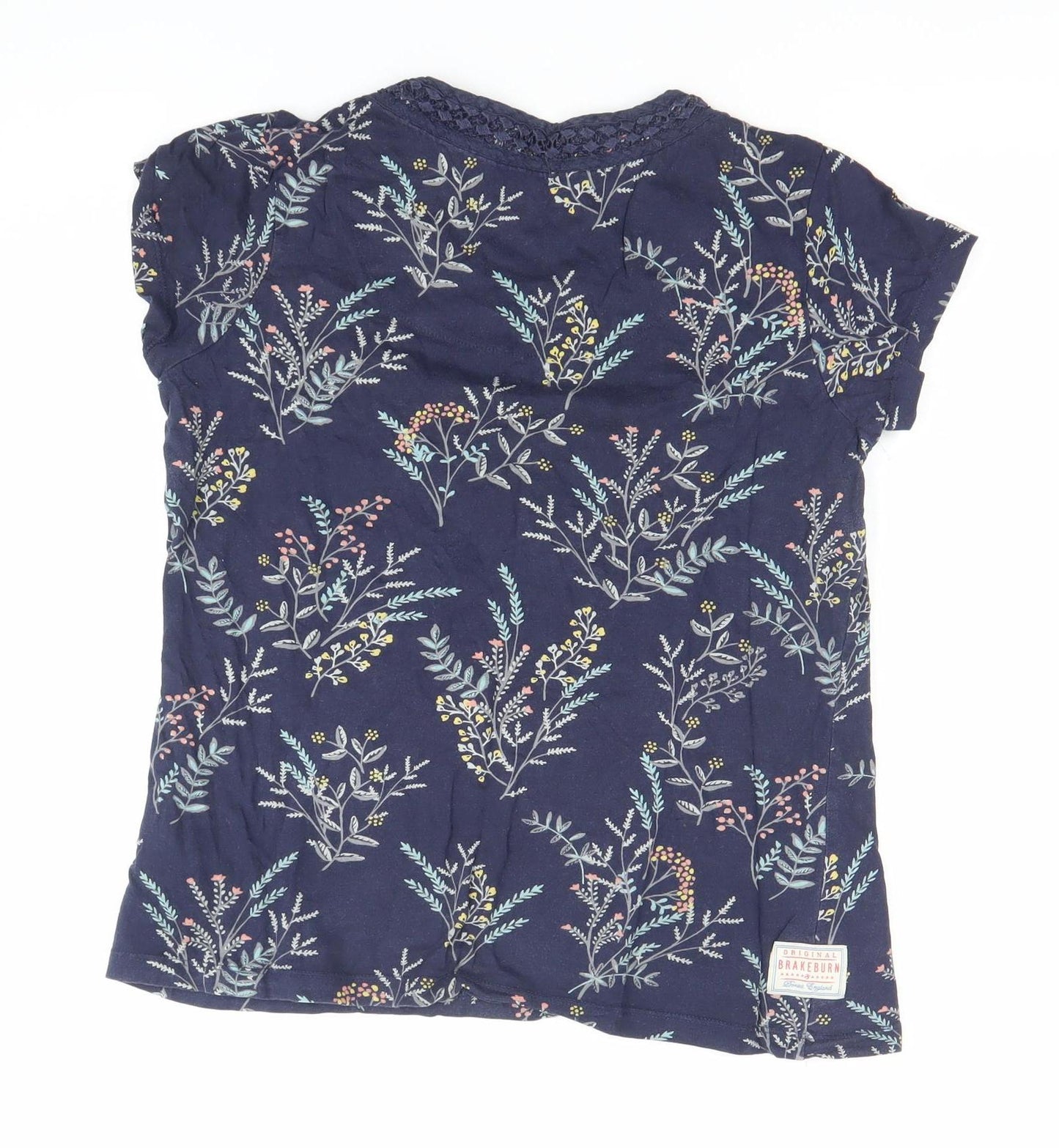 Brakeburn Womens Blue Floral Cotton Crochet Neck T-Shirt Size 10