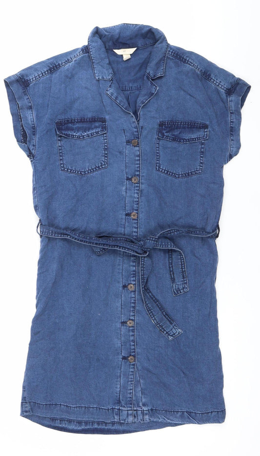 H&M Women’s Blue Shirt Dress UK 8 Short Sleeve Belted Casual Workwear