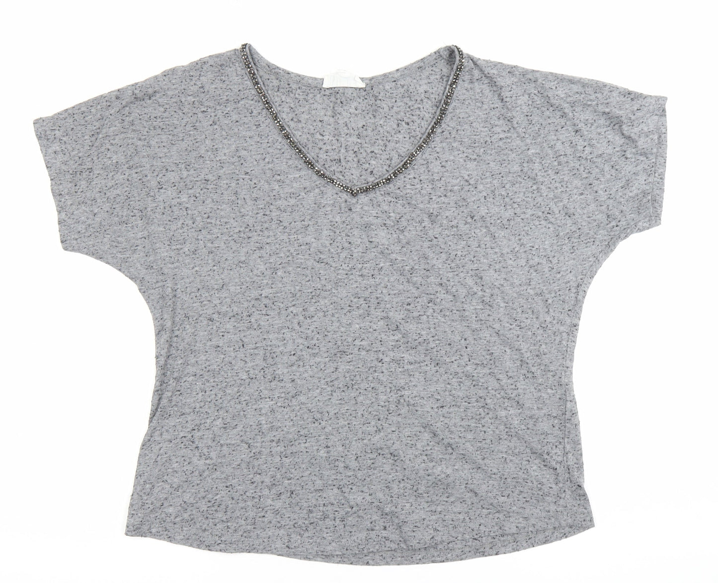 Nine by Savannah Miller Womens Grey Beaded V-Neck T-Shirt Size 14