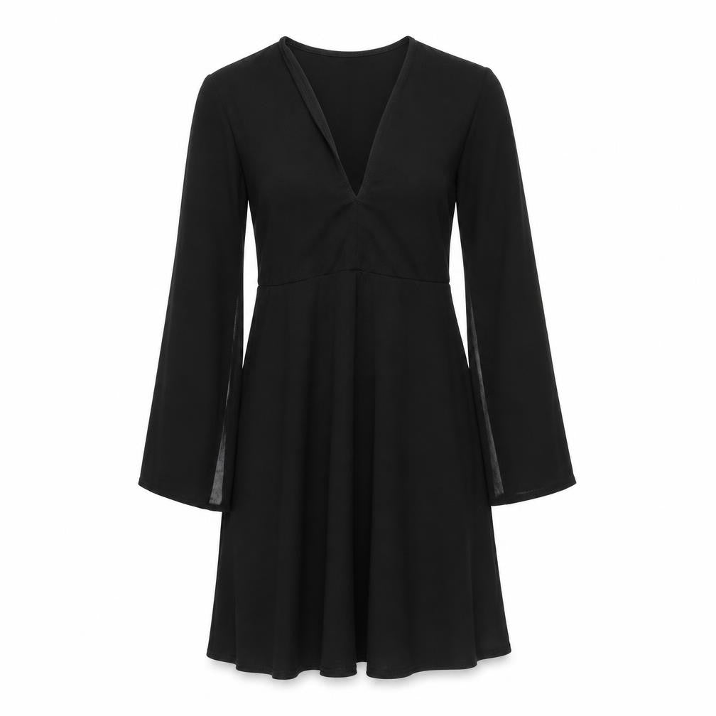 Boohoo Women Black Size 14 A-Line Short Long Sleeve V-Neck Dress