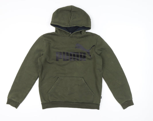 Puma Unisex Kids Green Pullover Hoodie 14-15Y Logo Graphic Fleece