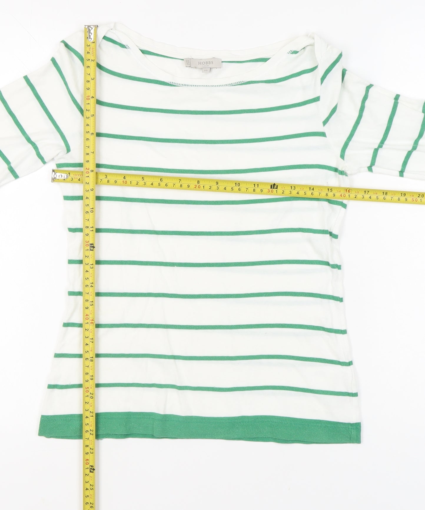 Hobbs Women’s White Green Striped Cotton 3/4 Sleeve T-Shirt XS