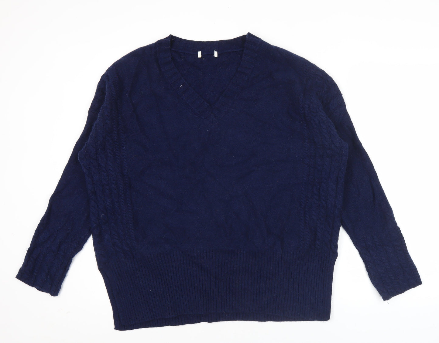 Jaeger Womens Blue L V-Neck Cable-Knit Wool Cashmere Jumper
