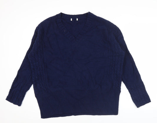 Jaeger Womens Blue L V-Neck Cable-Knit Wool Cashmere Jumper