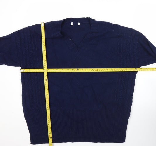 Jaeger Womens Blue L V-Neck Cable-Knit Wool Cashmere Jumper