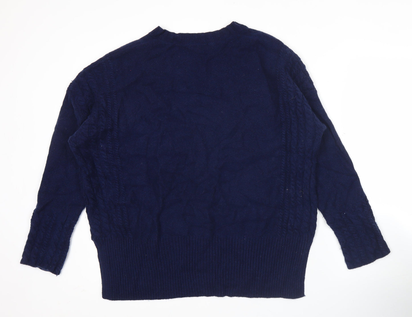 Jaeger Womens Blue L V-Neck Cable-Knit Wool Cashmere Jumper