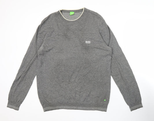 Hugo Boss Mens Grey Wool Cotton Jumper L Crew Neck Pullover