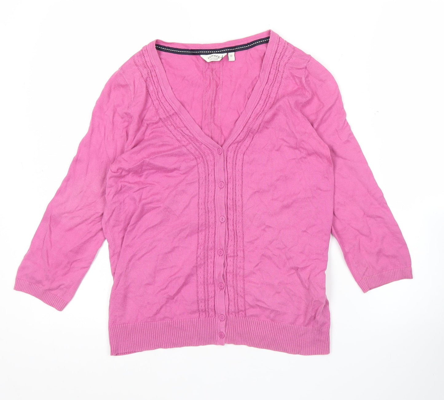 FatFace Womens Pink V-Neck Cotton 3/4 Sleeve Cardigan Size 12
