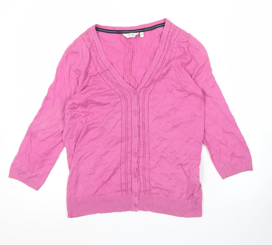 FatFace Womens Pink V-Neck Cotton 3/4 Sleeve Cardigan Size 12