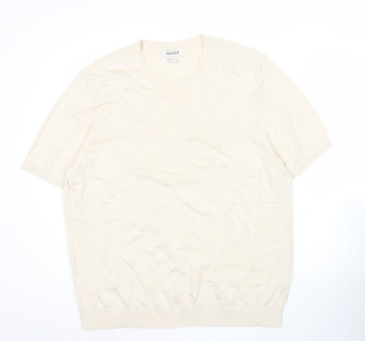 Jaeger Men’s Beige Merino Wool Silk Pullover Jumper 2XL Short Sleeve
