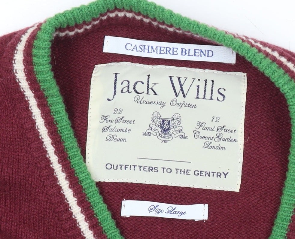 Jack Wills Mens Red Wool Cashmere V-Neck Jumper Size L