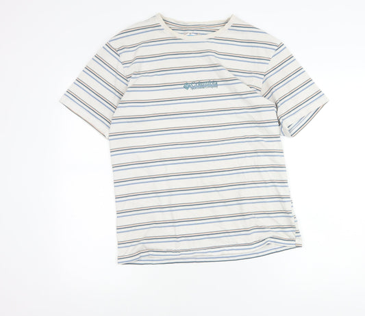 Columbia Men’s Beige Striped Cotton T-Shirt Size M Logo Tee