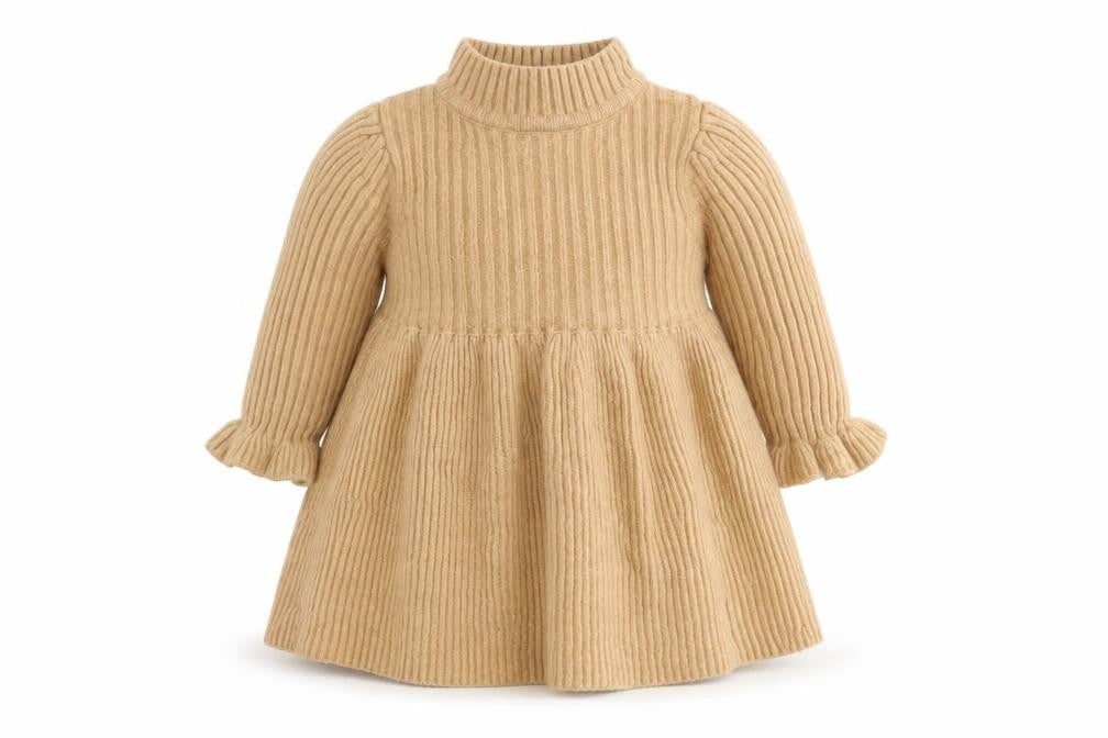 Front view of Baby Gap girls’ beige knit a-line dress 3-6 months long sleeve winter