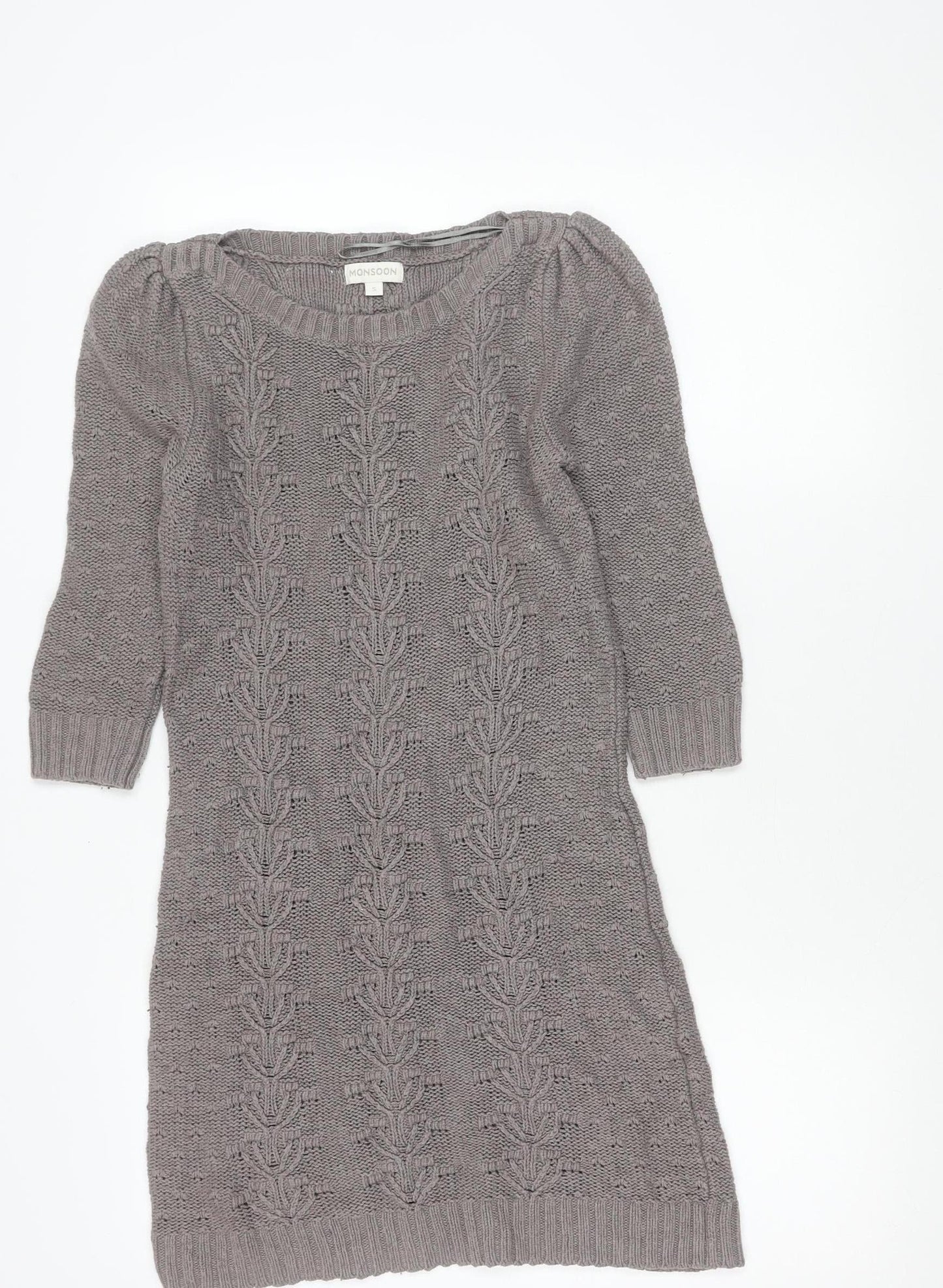 Monsoon Women Grey Knit Tunic Jumper Size S Scoop Neck Long Sleeve
