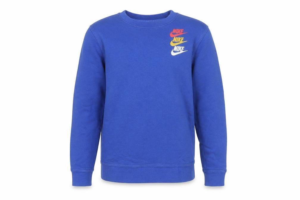 Front view of Nike boys’ blue pullover sweatshirt m 10-11y long sleeve logo graphic