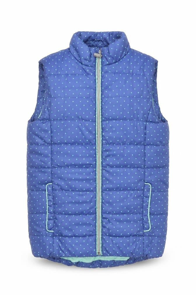 Front view of RESERVED girls’ blue polka dot puffer waistcoat 9-10 years sleeveless vest