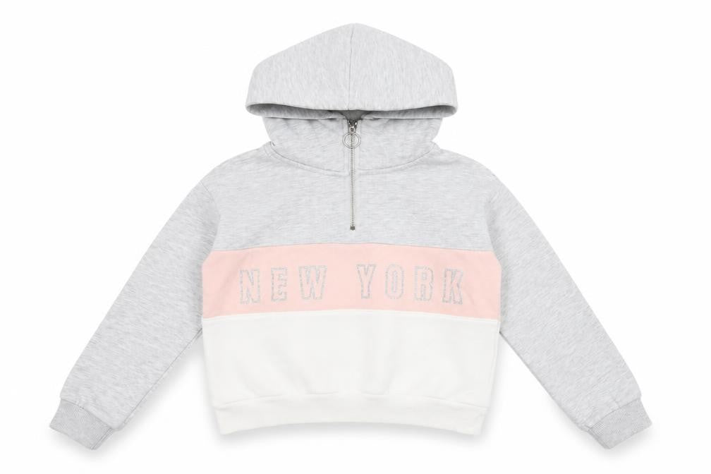 Front view of H&M girls’ grey pink white colourblock hoodie 9-10y half zip hooded sweatshirt