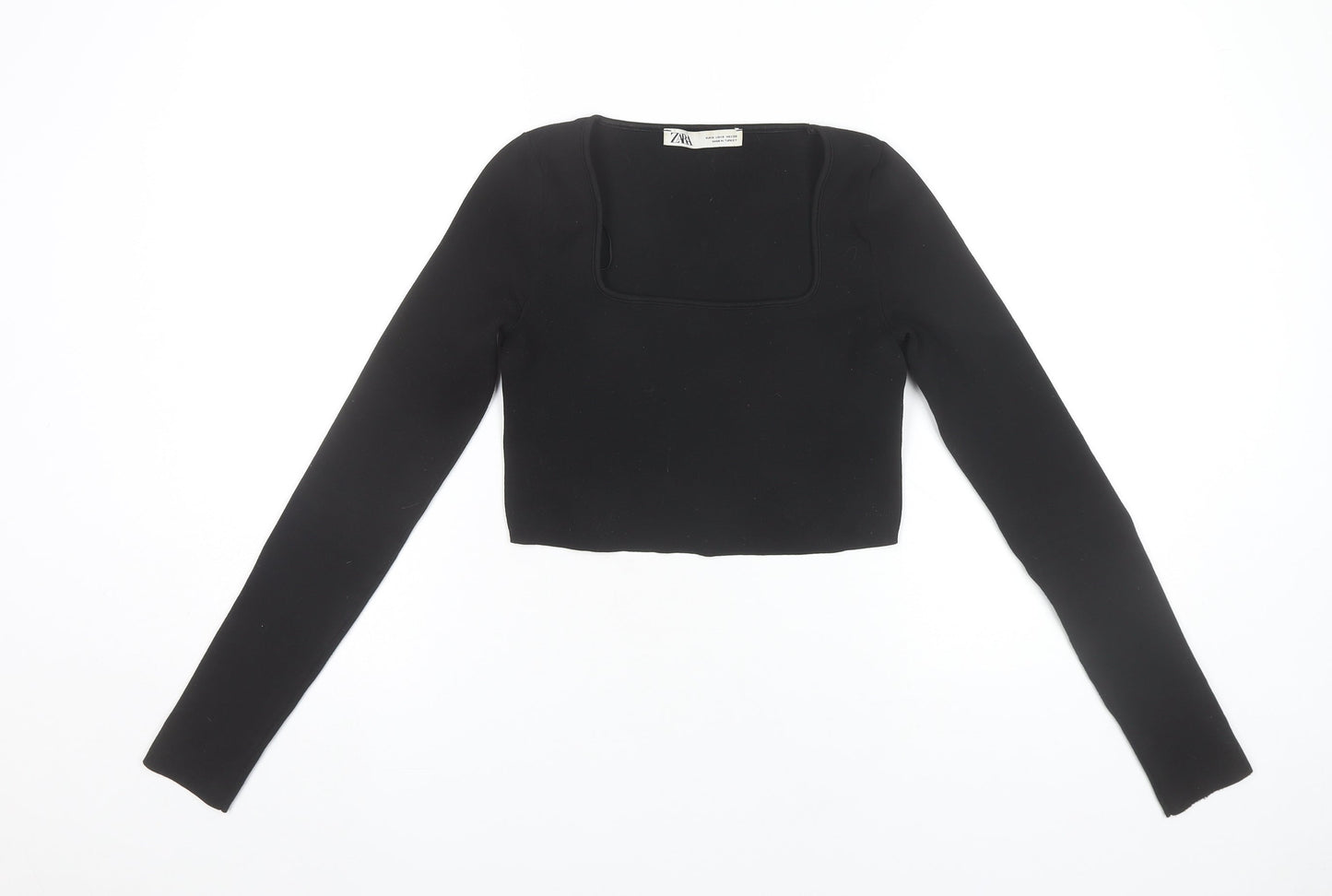 Zara Women Black Square Neck Cropped Long Sleeve Blouse Size 10