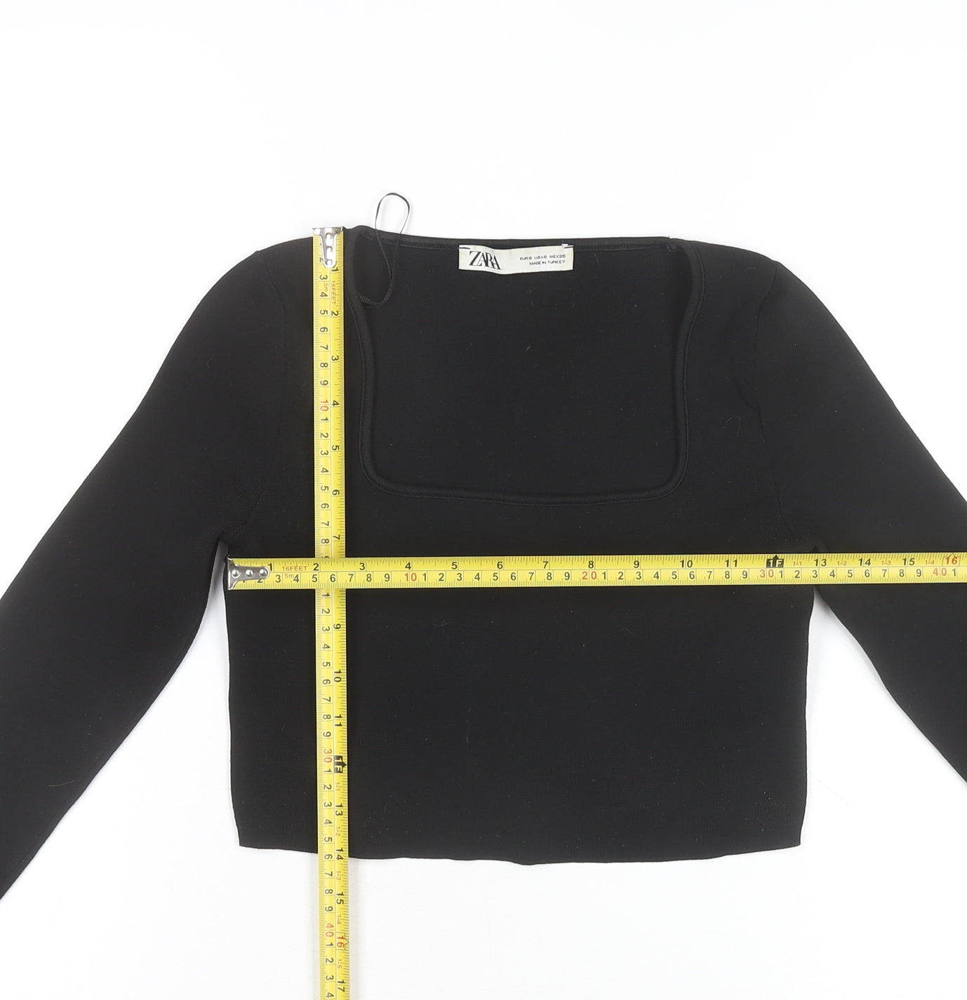 Zara Women Black Square Neck Cropped Long Sleeve Blouse Size 10
