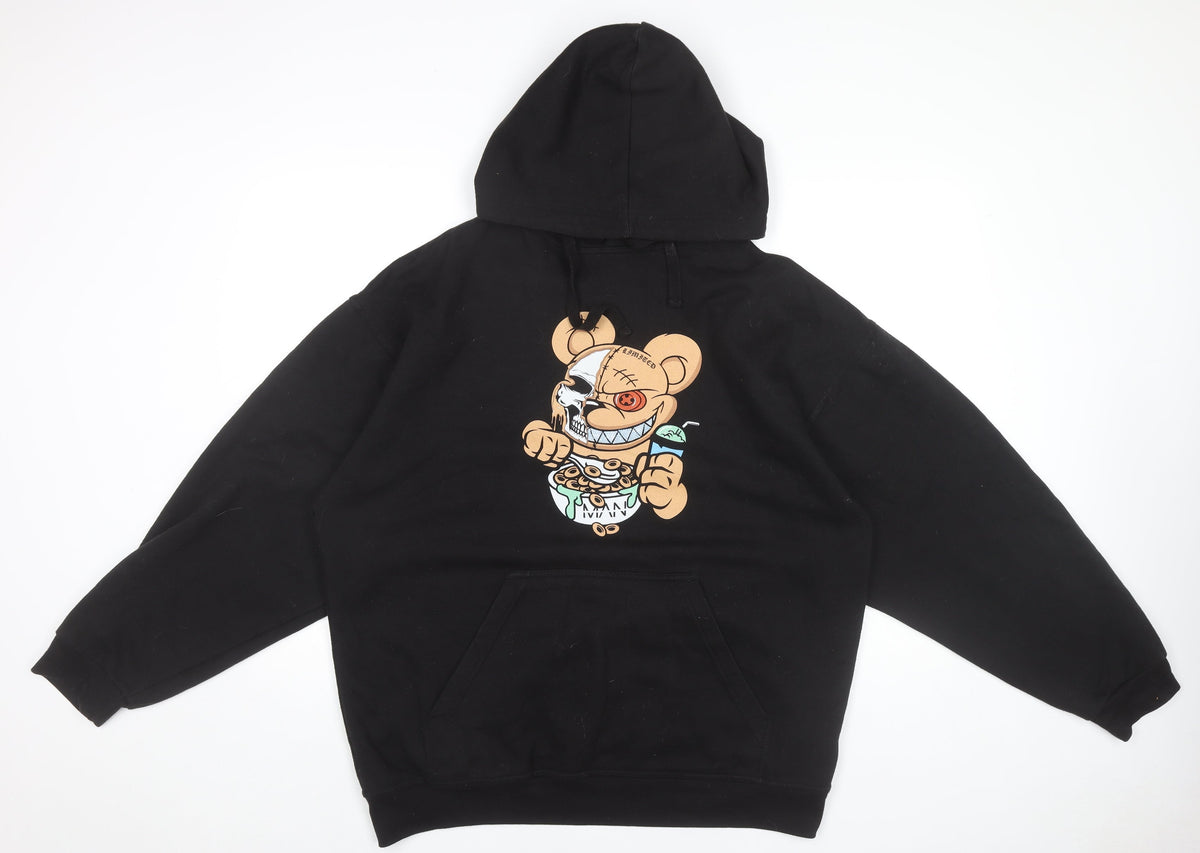 Additional front view of boohooMAN Men’s Black Pullover Hoodie Medium Cartoon Graphic Print