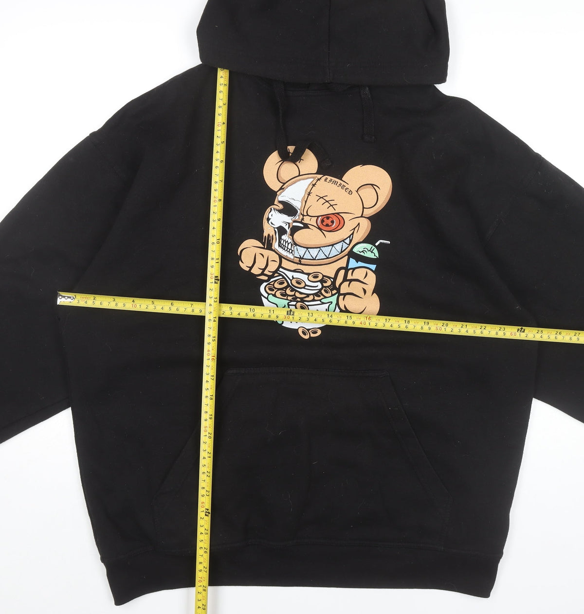 Back view of boohooMAN Men’s Black Pullover Hoodie Medium Cartoon Graphic Print