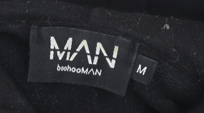 Brand and care label for boohooMAN Men’s Black Pullover Hoodie Medium Cartoon Graphic Print