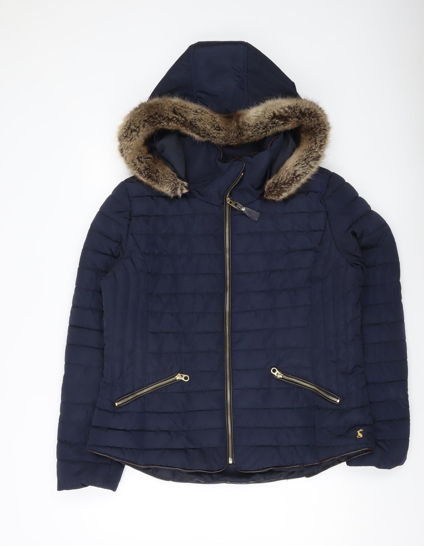 Joules Womens Blue Puffer Jacket Size 18 Faux Fur Hooded Winter Coat