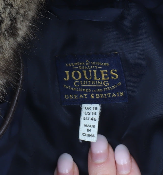 Joules Womens Blue Puffer Jacket Size 18 Faux Fur Hooded Winter Coat