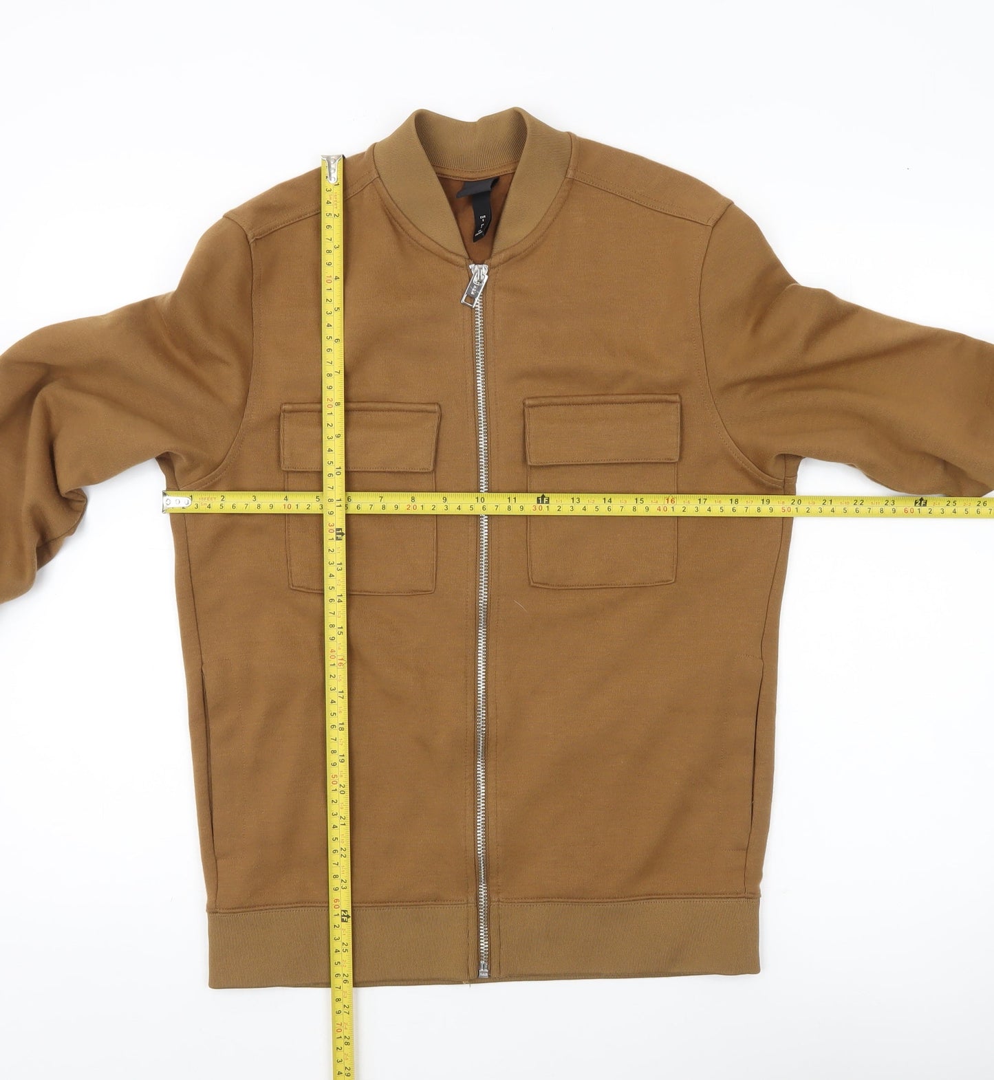 H&M Men's Brown Bomber Jacket S Stand-Up Collar Full Zip