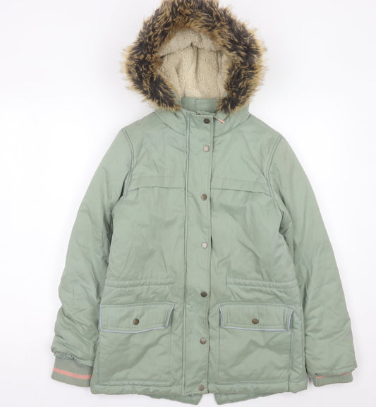 FatFace Girls Green Faux Fur Hooded Parka Coat Jacket Age 13 Years
