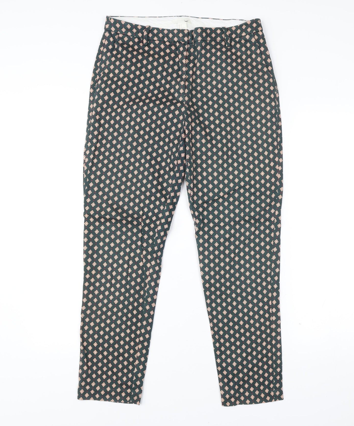 H&M Women’s Green Geometric Slim Chino Trousers Size 10